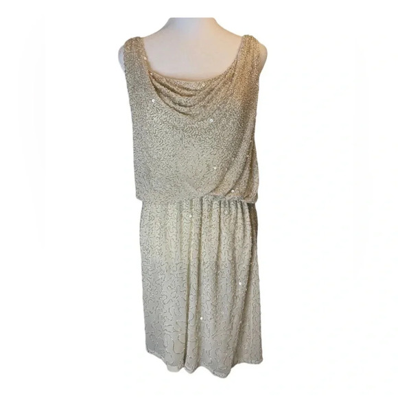 Alice + Olivia Draped Silk Cream Ivory Cowl Back Sequin Beaded Sparkle Dress L - Picture 1 of 6
